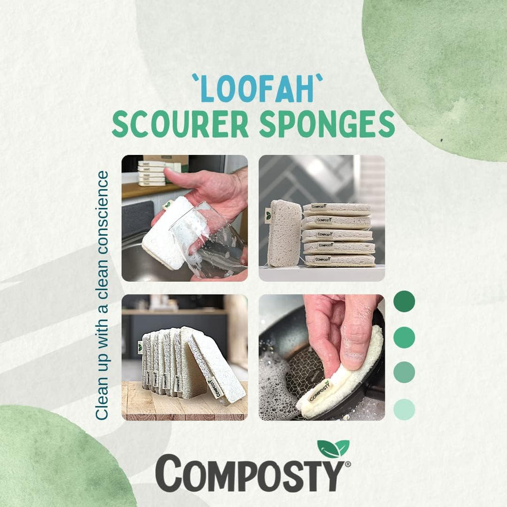 Loofah Sponges Washing up | Award Winning | 6 Pack | Eco Kitchen Sponge | Non Scratch Scourers | Compostable & Plastic Free | Cellulose Dish Sponge | Biodegradable Household Cleaning Pads