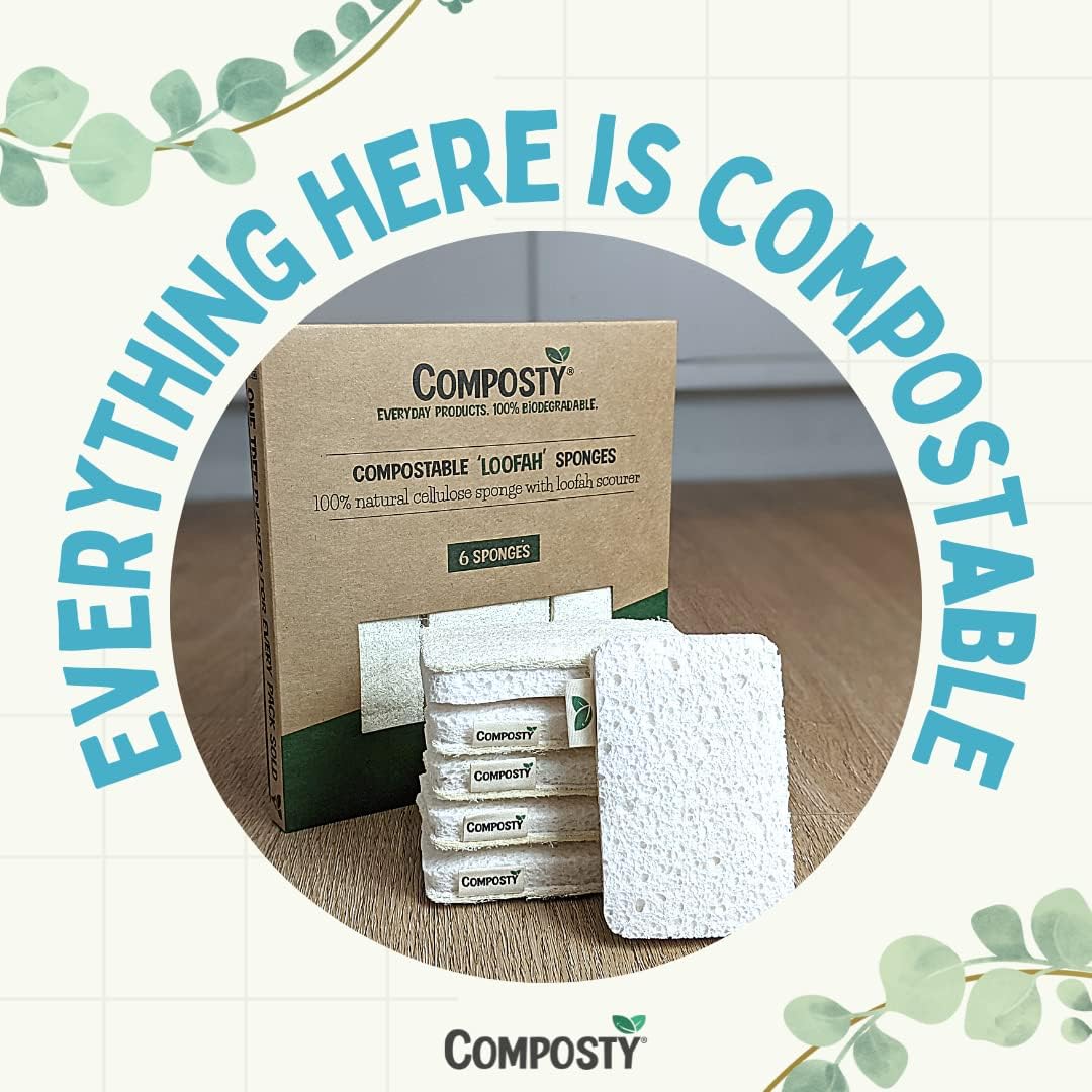Loofah Sponges Washing up | Award Winning | 6 Pack | Eco Kitchen Sponge | Non Scratch Scourers | Compostable & Plastic Free | Cellulose Dish Sponge | Biodegradable Household Cleaning Pads