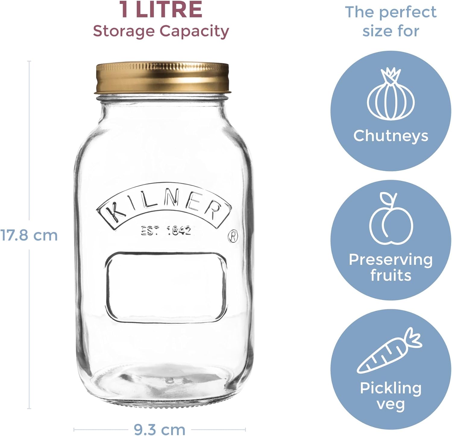 Kilner Jar 1L, Round Glass Screw Top Lid Preservation Storage Jar for Pickling Vegetables Whole Fruits Chutneys