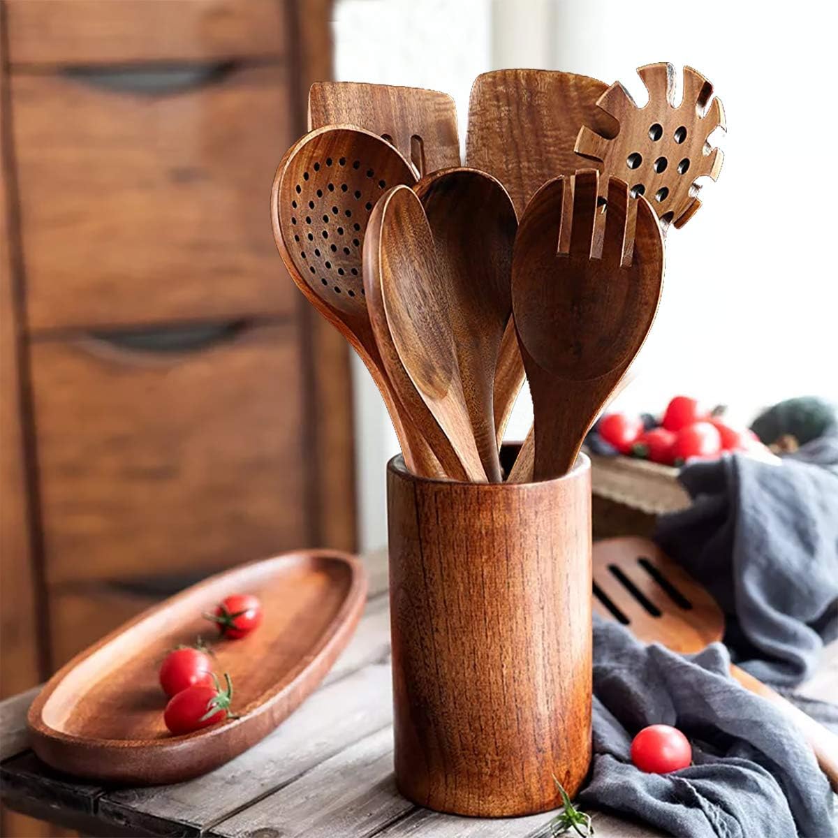 Teak Wooden Kitchen Utensil Set - 7Pcs Wooden Cooking Utensils Including Spatula
