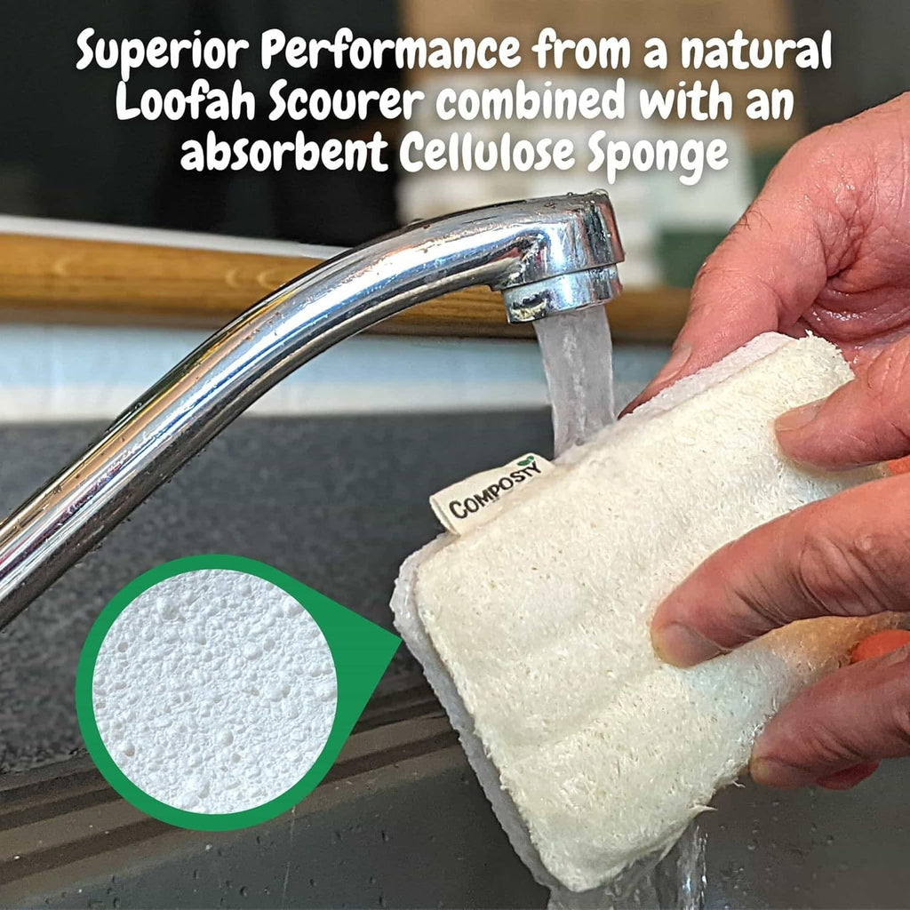 Loofah Sponges Washing up | Award Winning | 6 Pack | Eco Kitchen Sponge | Non Scratch Scourers | Compostable & Plastic Free | Cellulose Dish Sponge | Biodegradable Household Cleaning Pads