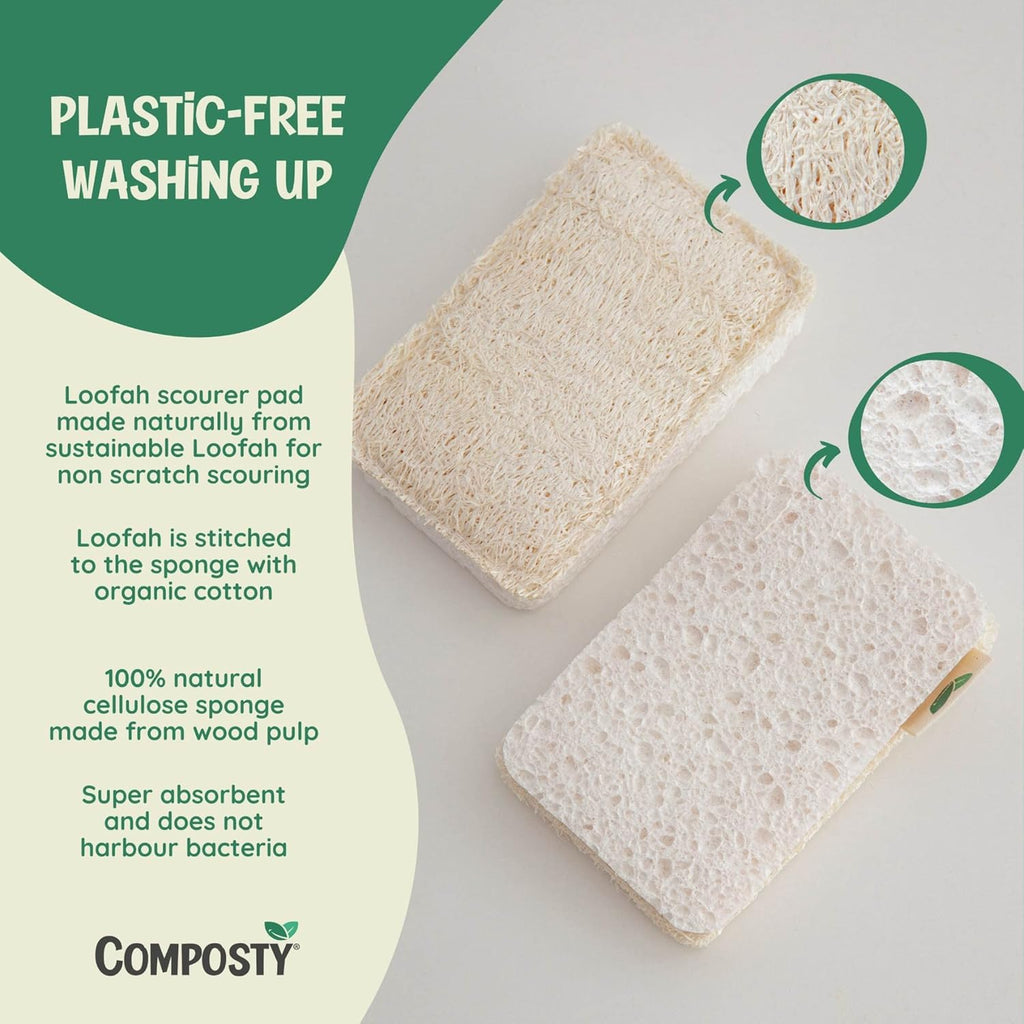 Loofah Sponges Washing up | Award Winning | 6 Pack | Eco Kitchen Sponge | Non Scratch Scourers | Compostable & Plastic Free | Cellulose Dish Sponge | Biodegradable Household Cleaning Pads