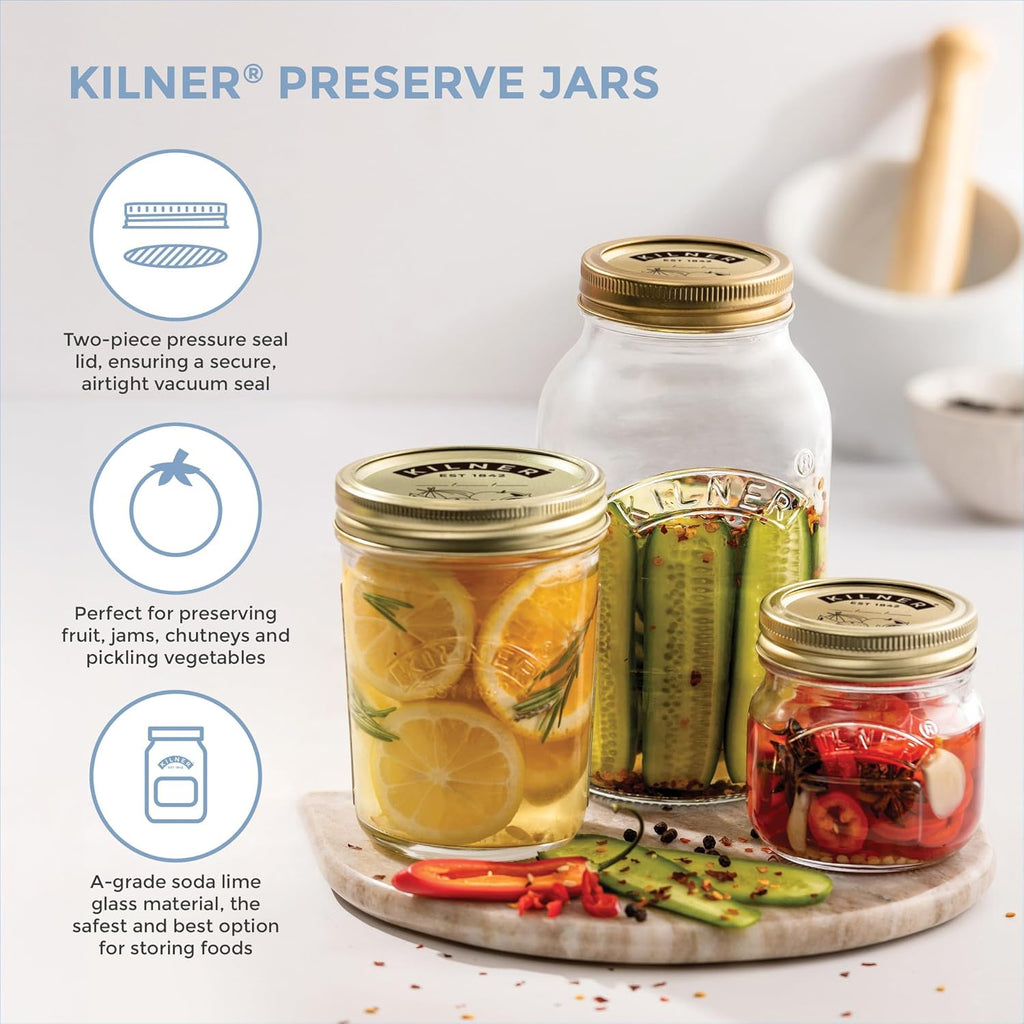 Kilner Jar 1L, Round Glass Screw Top Lid Preservation Storage Jar for Pickling Vegetables Whole Fruits Chutneys