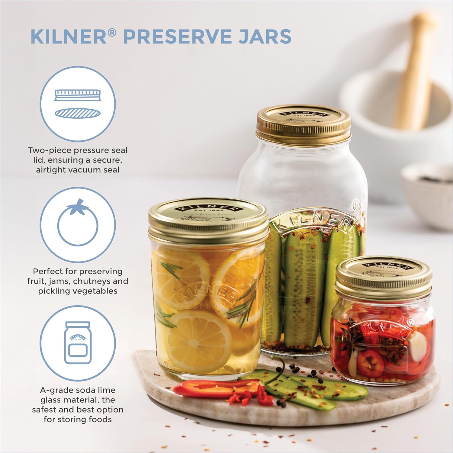 Kilner Jar 1L, Round Glass Screw Top Lid Preservation Storage Jar for Pickling Vegetables Whole Fruits Chutneys