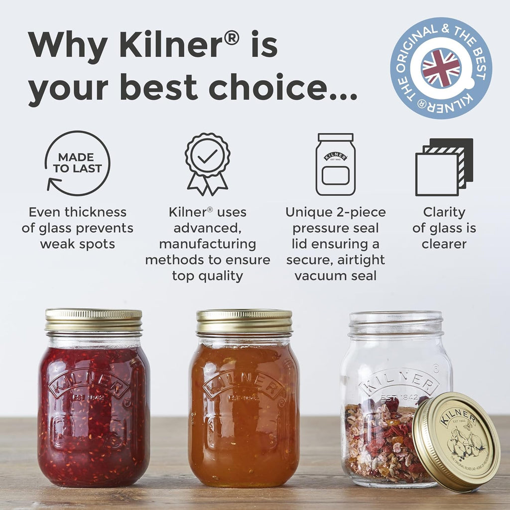 Kilner Jar 1L, Round Glass Screw Top Lid Preservation Storage Jar for Pickling Vegetables Whole Fruits Chutneys